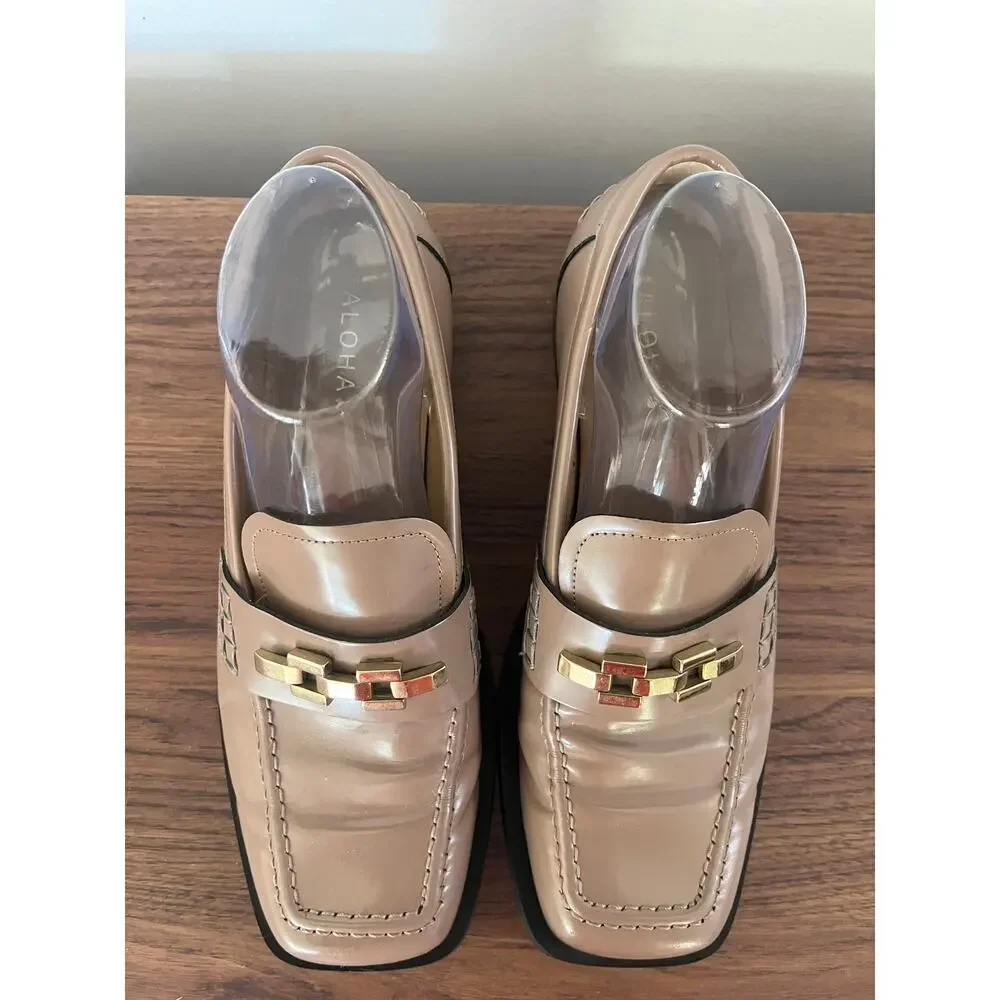 ALOHAS Beige Leather Gold Hardware Square Toe Loafers Collegiate sz EU41/US10